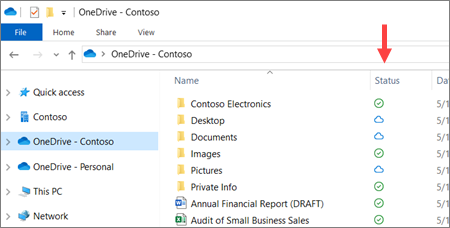 File explorer with arrow pointing to status column