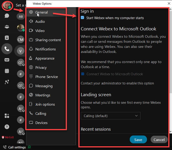 Webex settings