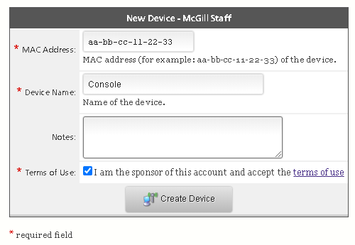 screenshot of New Device window