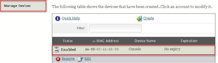 screenshot of Manage Devices window