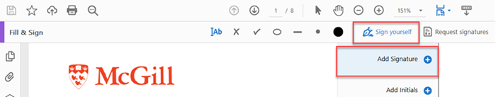 screenshot of Fill and Sign ribbon options