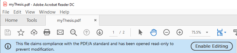 Adobe Reader PDF/A compliant message
